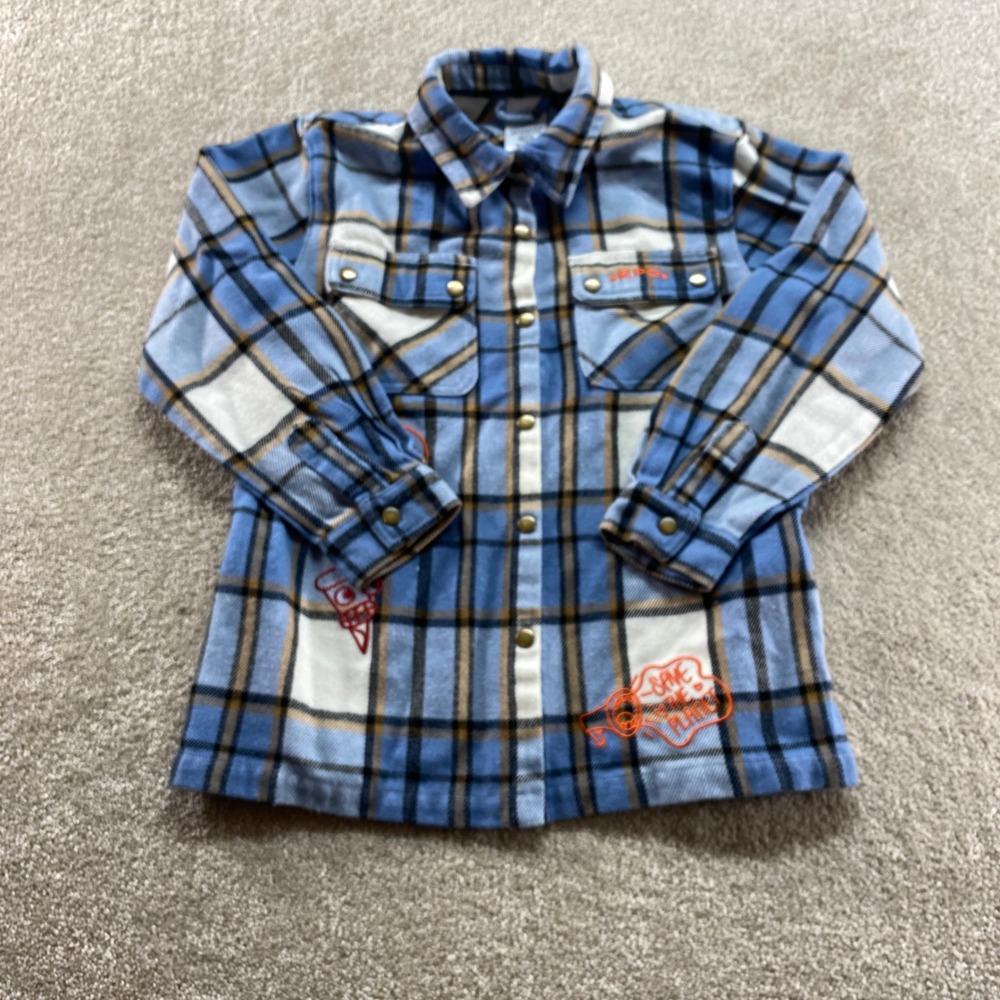 Disney‎ Plaid Flannel Shirt Kids Boys 7/8 Blue Save the Planet Snap Button Up
